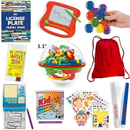 20 Pc Travel Games for Kids in Car and on Plane + Backpack; Doodle Pad, Maze Ball, License Plate (Best Car Games In The World)