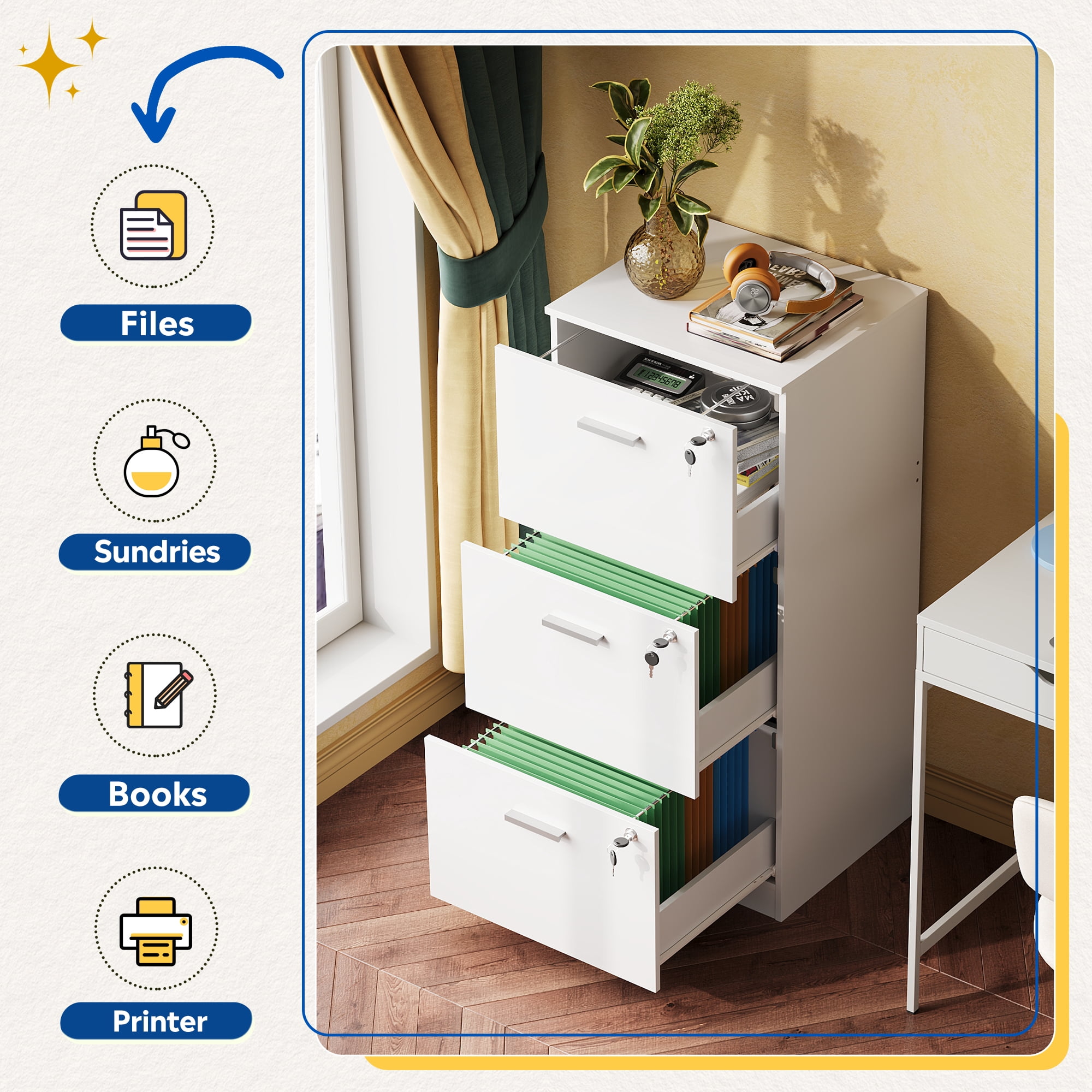 GALAXHERO 3 Drawers File Cabinets, Wood Vertical Filing Cabinet with Lock for Home Office, Letter/A4 Size, White