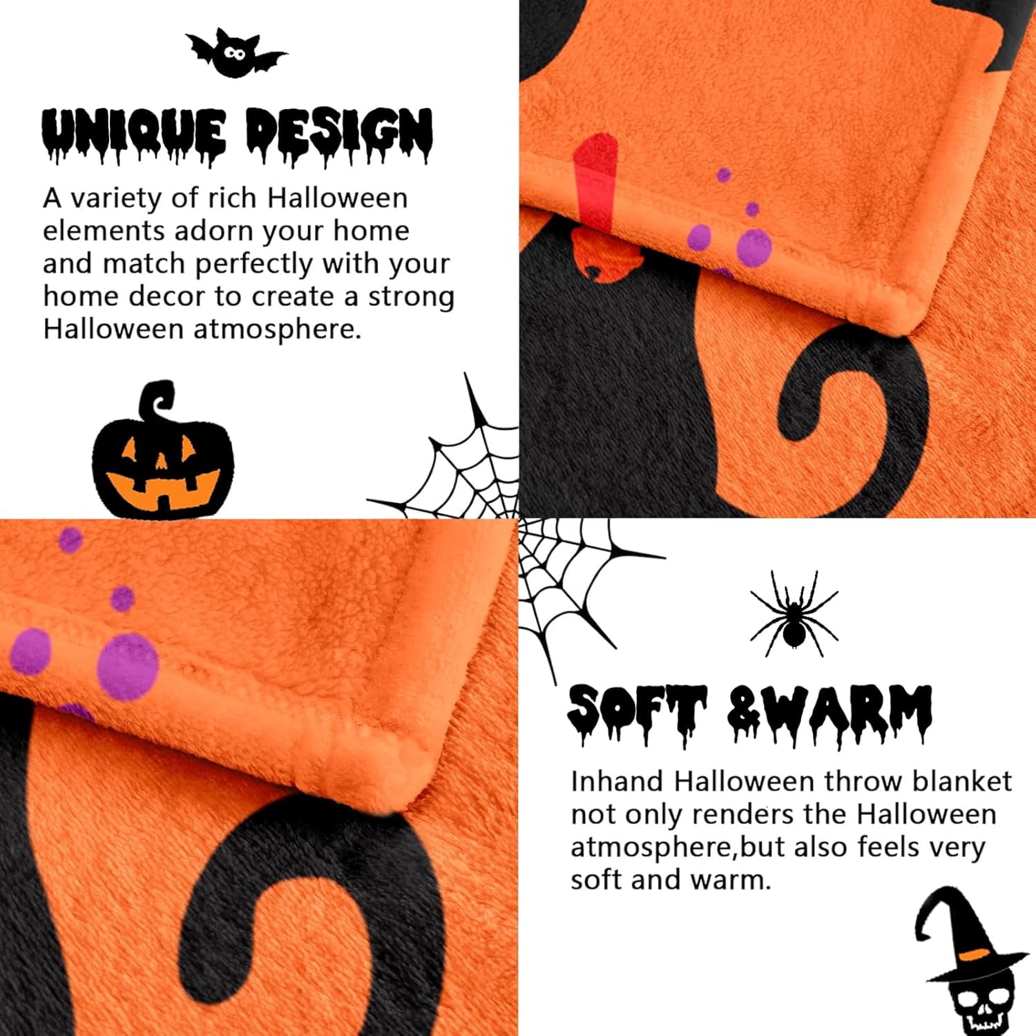 Fall Halloween Throw Blanket, Halloween Black Kitty Pumpkin Ghost Spooky Velvet Fleece for Sofa Bed Couch Chair Dorm 50" x 60"