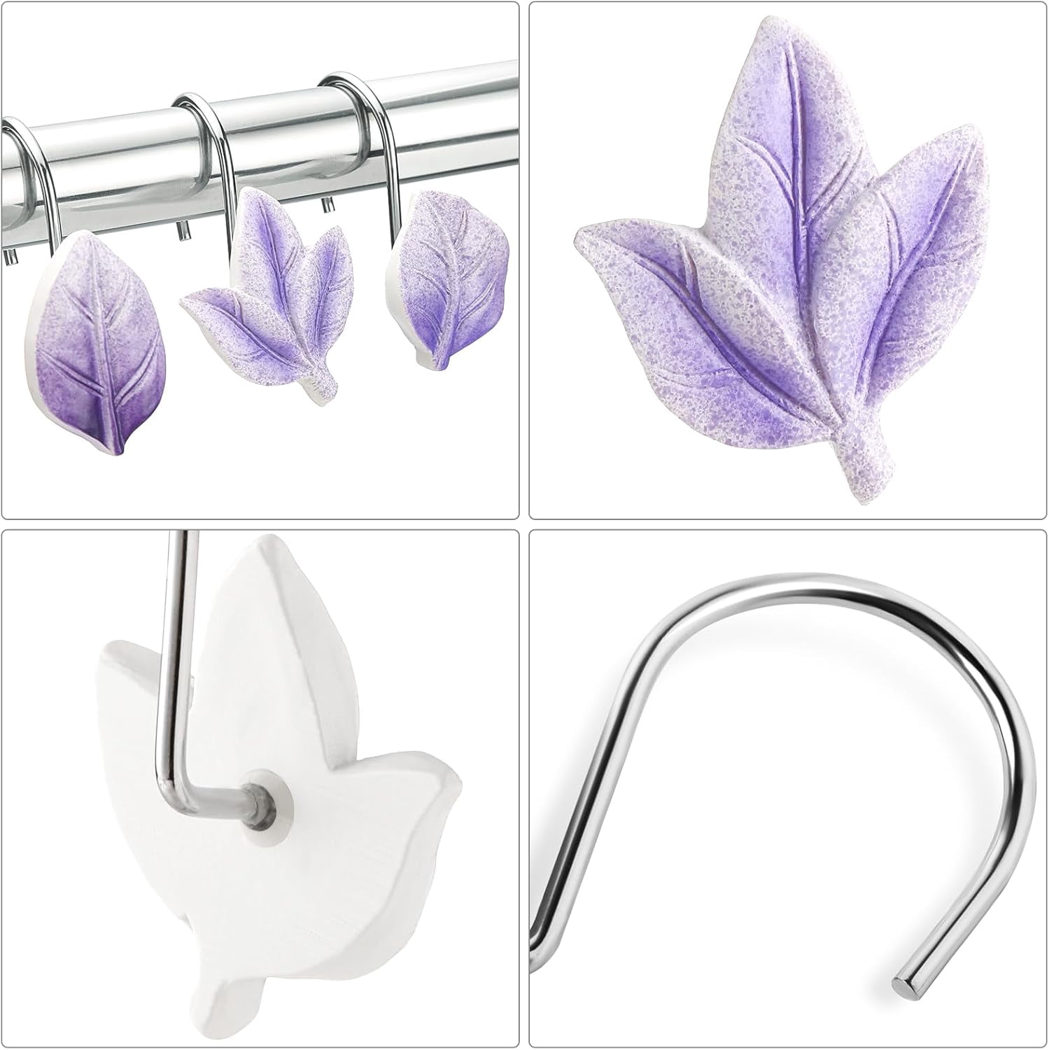 12PCS Leaves Shower Curtain Hooks, Purple Plant Leaf Decorative Shower Curtain Hooks Metal Rustproof Cute Eucalyptus Shower Curtain Rings Bathroom Decoration Accessories