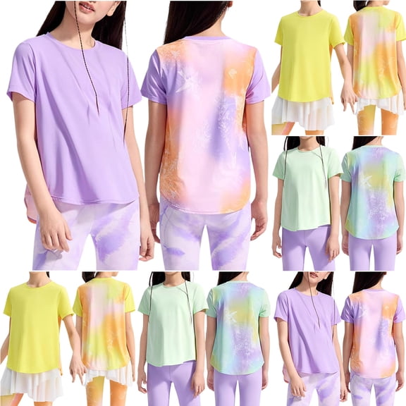 QNANSPI T-Shirts for Girls, Girls Short Sleeve Tops, QNANSPI Girls 4-16 Years Fashion Sports Loose Breathable Back Gradient Short Sleeve Top