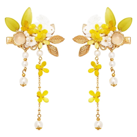 Vintage Flower Hair Clips, A Pair of Yellow Osmanthus Decorative Hair Clips Tassel Pearl Hair Barrettes, Wedding Hair Pins Hair Accessories for Women Girls Bride Bridesmaid