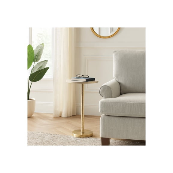 Modern Round Marble End Table for Home Decor - Elegant Small Side Table Stand for Bedside Night Stand, Room, or Living Room Decor - Stylish Drink Table for Small Space or Bedroom - 25", Ivory & Gold