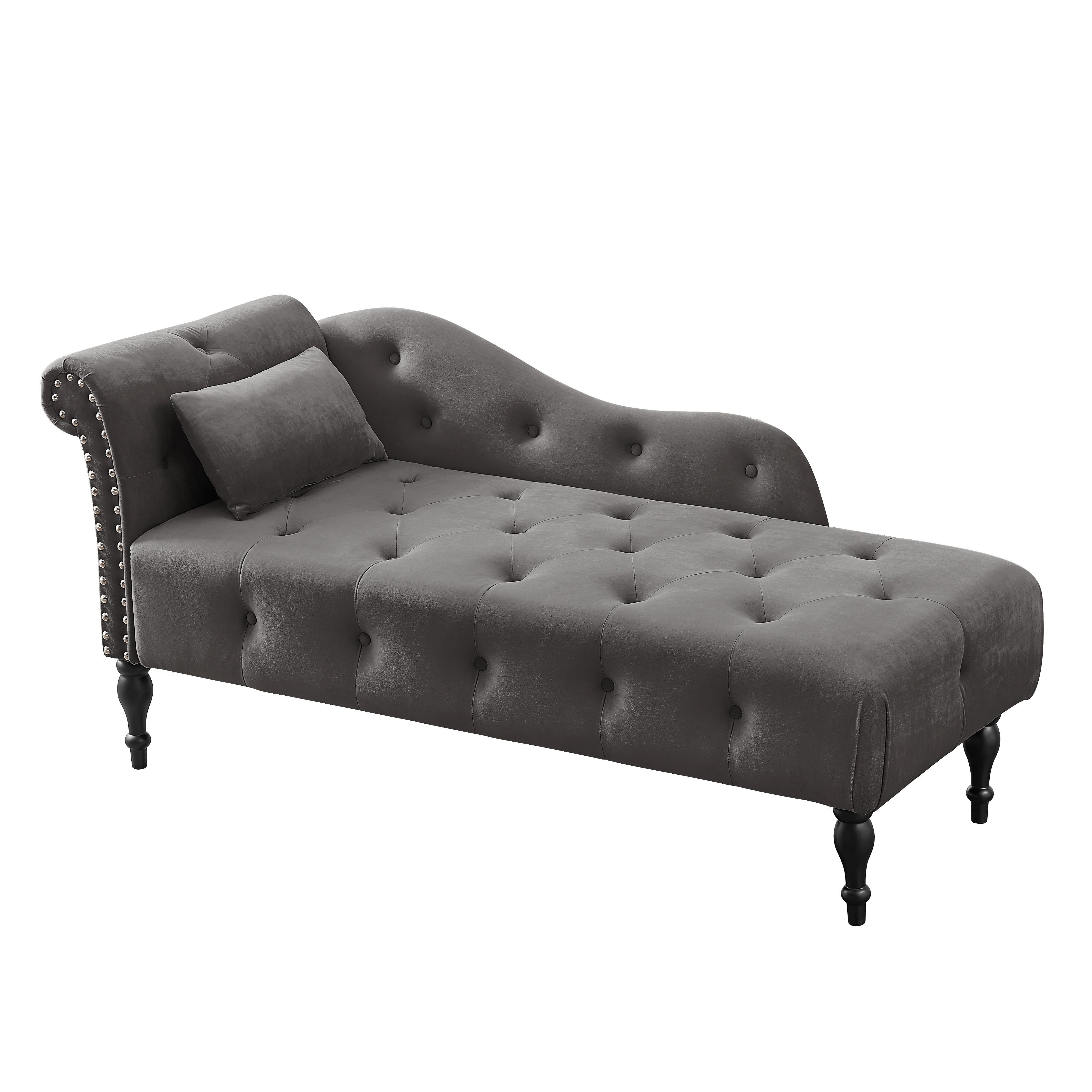 Miniyam Velvet Chaise Lounge, Tufted Accent Chaise Chair with Pillow for Living Room Bedroom, Gray