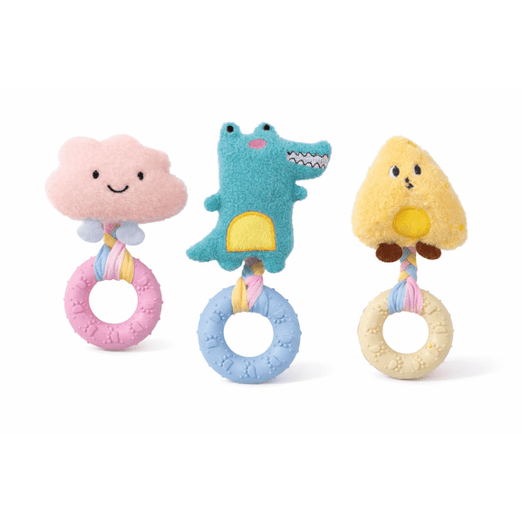 3 Pack Dog Chew Toys for Small Medium Dogs, Plush Squeaky Puppy Toys with Teething Ring, Interactive Crinkle Tug Toys, Soft Pet Toys for Teeth Cleaning, Boredom Relief and Indoor Play