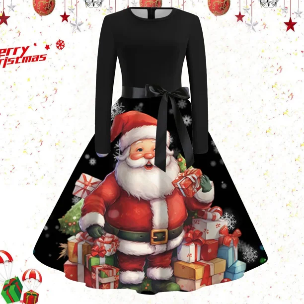 Vestido Rockabilly de manga larga con estampado de árbol de Papá Noel para mujer, vestido de fiesta de Navidad, Pin up, Vintage, invierno, 2023