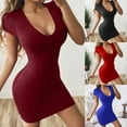 thumbnail image 2 of Europe The United States Fashion Solid Color Sexy Dress Tight Collection Hip Short Sleeved Slim Evening Party Dress (Red,M), 2 of 6