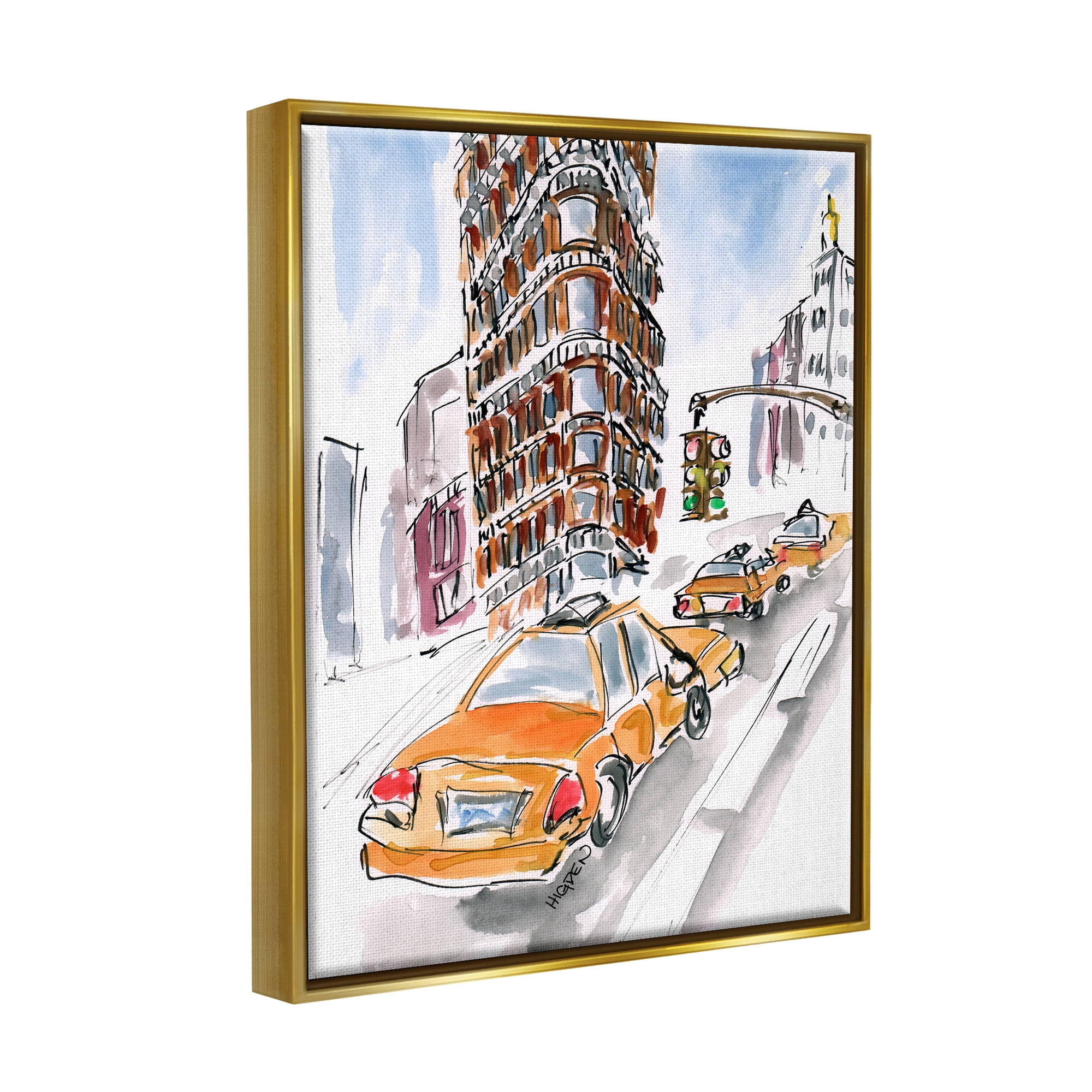 Stupell Industries City Taxis Modern Painting Town & City Painting Gold Floater Framed Art Print Wall Art