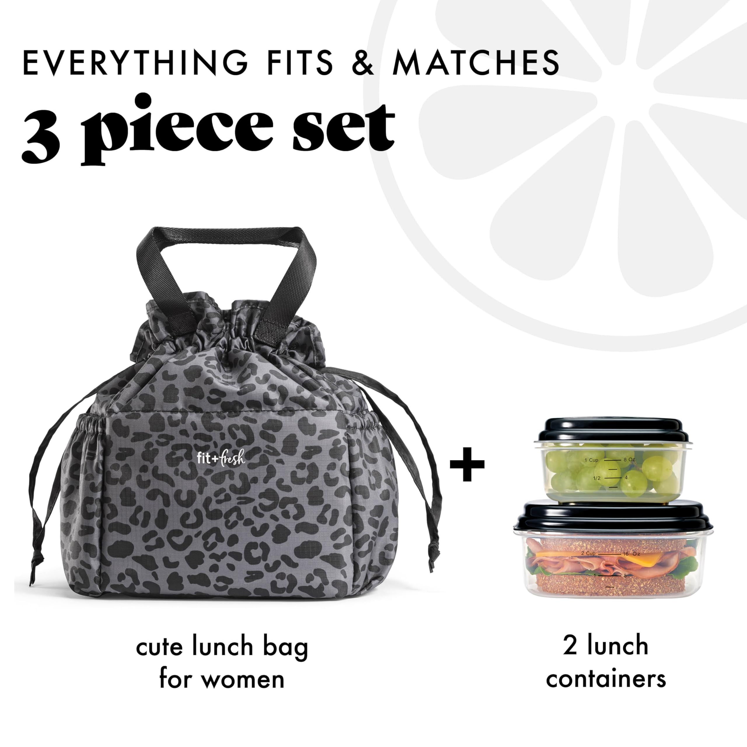 Fit + Fresh Cromwell Leak Proof Insulated Drawstring Lunch Bag with 2 Containers, Black Leopard