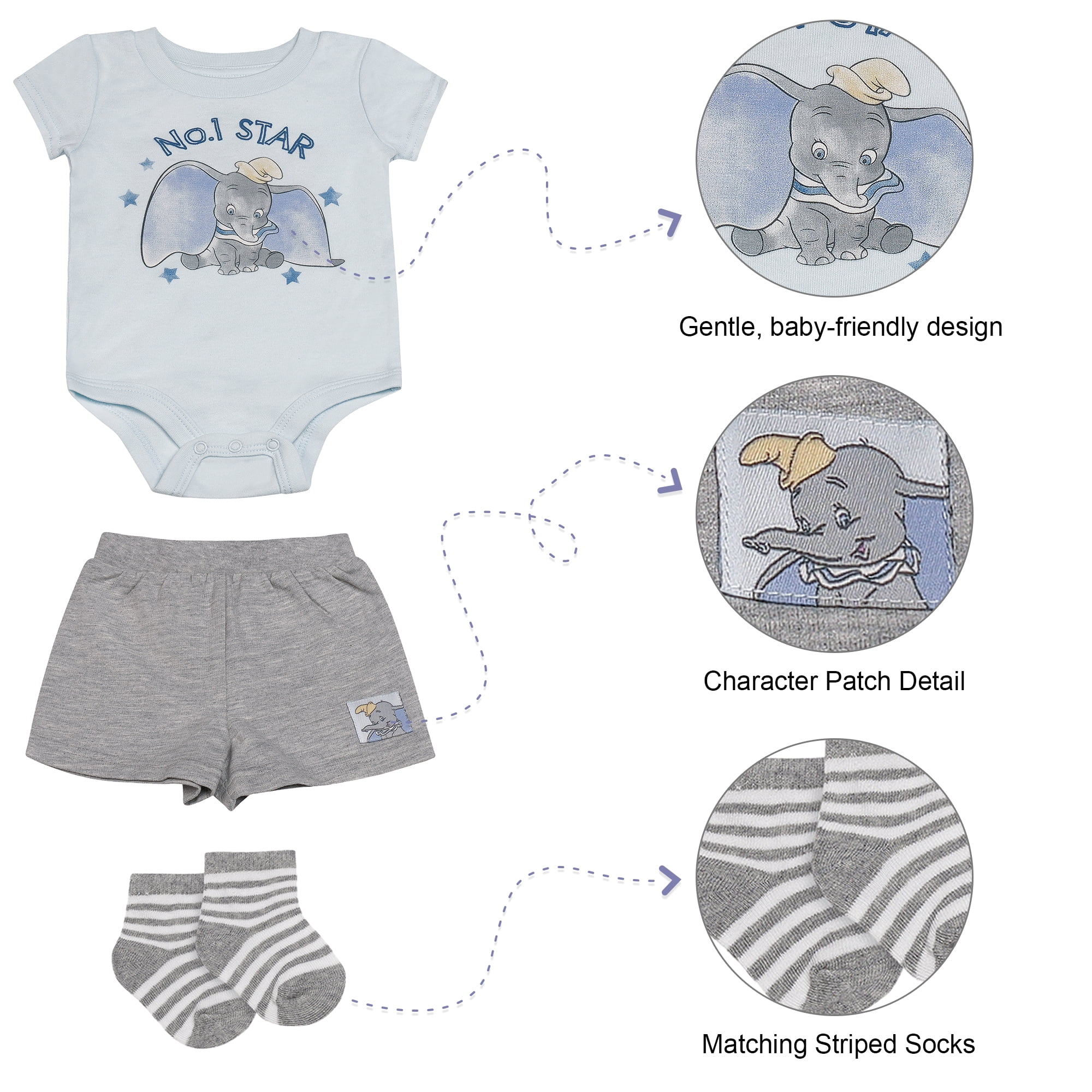 Disney Clothes Baby Boys 3-Piece Outfit Set – Dumbo Bodysuit, Shorts & Socks – Soft Cotton Newborn Infant Gift Blue/Gray 6/9M