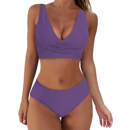 PEASKJP Plus Size Swimsuit for Women Two Piece Women Two Piece Vintage Swimsuit Retro Halter Ruched High Waist Bikini with Bottom (Purple XXL)