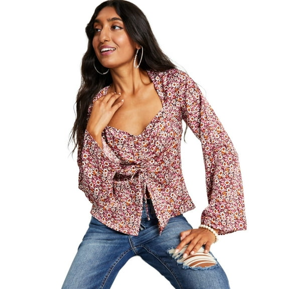 Leyden Women’s Ruched Floral-Print Peplum Top, Mauve Multi, Small