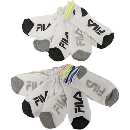 Fila Kids Boys 10-Pack Half Cushion Quarter Socks Tipped Heel - White, Boys Medium Shoe size 10-4