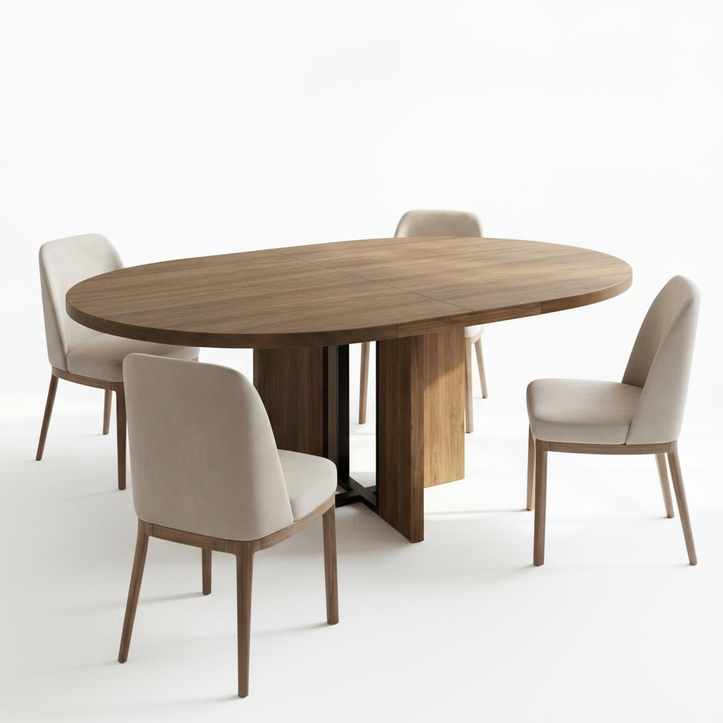 PYY Space-Saving Extendable Dining Table for 4-8 – Farmhouse Style Round to Oval Table with Thick Top Sturdy Metal Frame Wide Arched Legs – Perfect for Kitchen or Dining Room – Walnut
