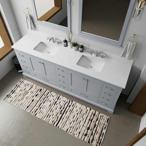 Dark Grey Double Bath Vanity 84 in. W x 22 in. D, White Quartz Top, Faucet Set, and 34 in. Mirrors