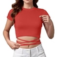 thumbnail image 2 of TODOZO Crop Tops for Women Trendy Summer Slim Fitted Basic Tees for Women Going Out Tops for Women Cropped Tie Front Petite Summer High Neck Short Sleeve Tops T Shirts Work Out Outfits Red S, 2 of 7