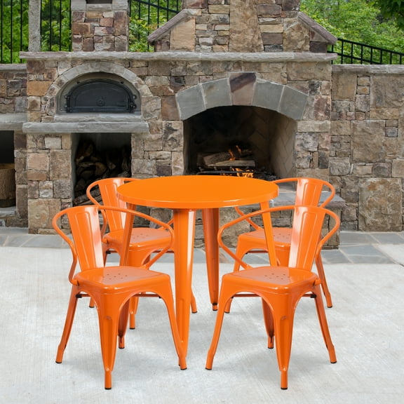 BizChair Commercial Grade 30" Round Orange Metal Indoor-Outdoor Table Set with 4 Arm Chairs