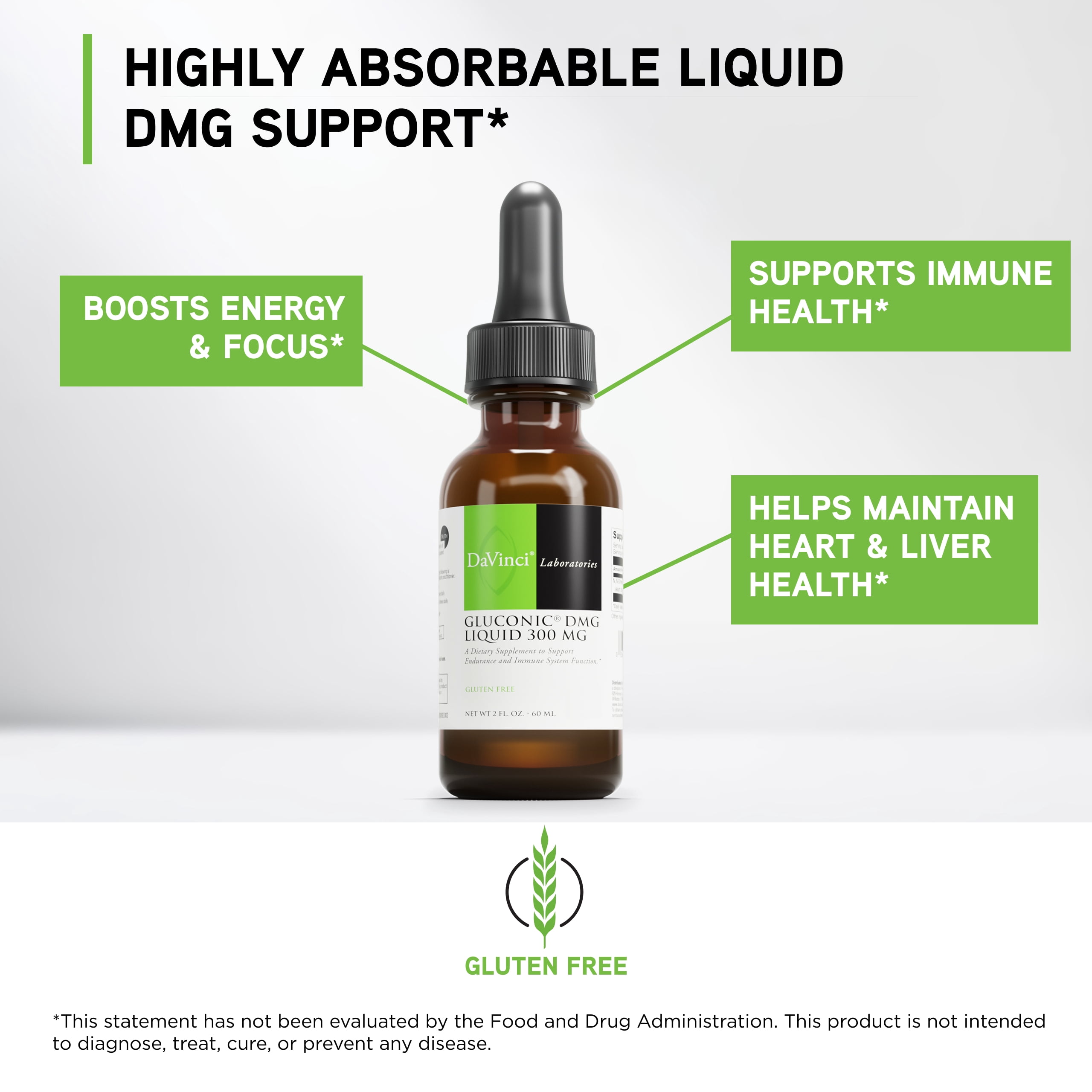 DaVinci Labs Gluconic DMG Liquid 300 mg - Support Immune System Function* - 60 Servings - 60 ml