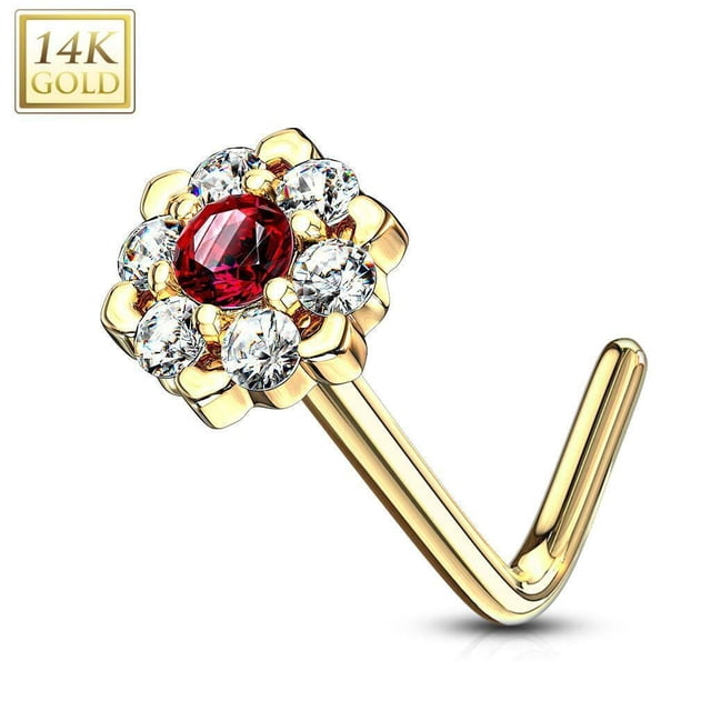 Nose Ring L-Bend with Prong CZ Gem Paved Outer Circle 6 Point Flower 14kt GD 20g