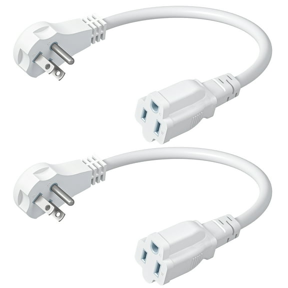 DEWENWILS 2-Pack 1ft Short Extension Cords for Indoor White Color 14/3 Gauge 3 Prong Outlet Flat Plug