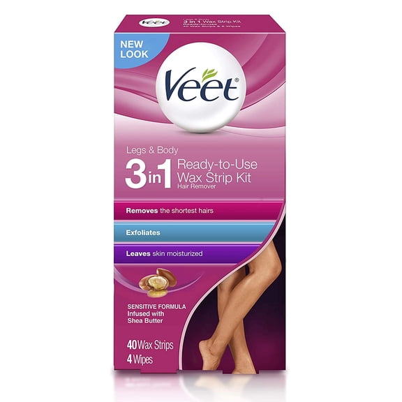 Veet Leg Body Hair Removal Kit- Sensitive Formula, Ready-to-use Cold Wax Strips, Shea Butter Acai Fragrance, 40 Count (Pack of 2)