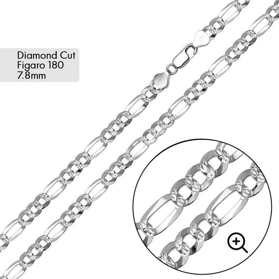 Sterling Silver 925 Diamond-Cut Pave Figaro 180 Chain 7.8mm Made in Italy 18" Jewelry Female Unisex