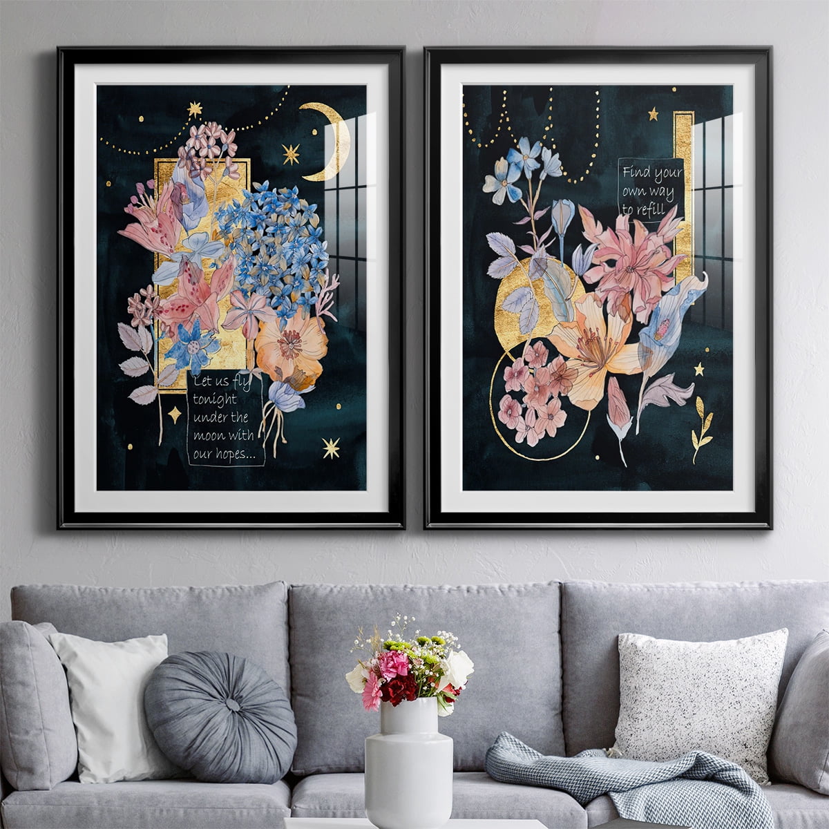 Wexford Home Moonlight Flowers I Premium Framed Print, 26.5" x 36.5" - Ready to Hang, Black (Set of 2)