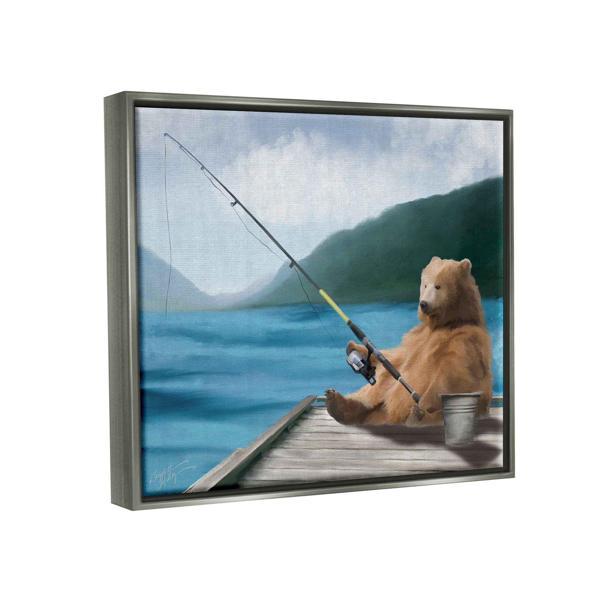 Stupell Bear Fishing Pole Lake Dock Animals & Insects Painting Gray Floater Framed Art Print Wall Art