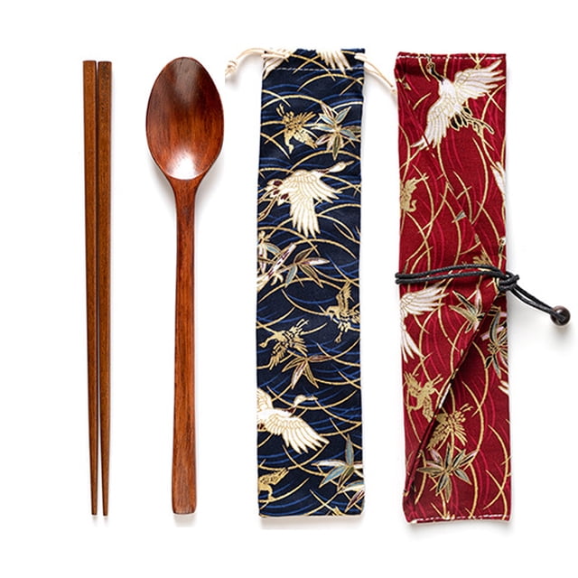 Juego de cubiertos de madera, palillos, cuchara, utensilios de viaje, cubiertos reutilizables para el hogar, oficina, viajes, camping al aire libre