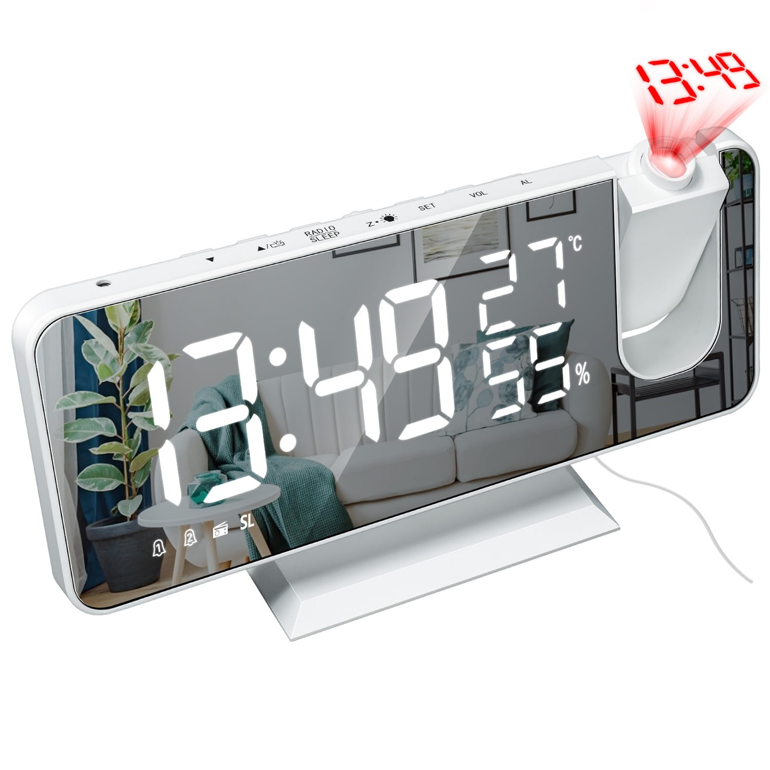 Black Digital Alarm Clock Projection Alarm Clock with 7.3Inch LED Radio 180° Projector Modern Mirror Surface Alarm Clock with Snooze Function/2 Alarm Sounds/4 Dimmer/USB Phone Charg-er