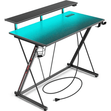 Gaming Desk with LED Lights & Power Outlets, 31.5" Computer Desk with Monitor Shelf, Home Office Desk with Cup Holder and Headphone Hook, Ergonomic, Carbon Fiber Surface Black