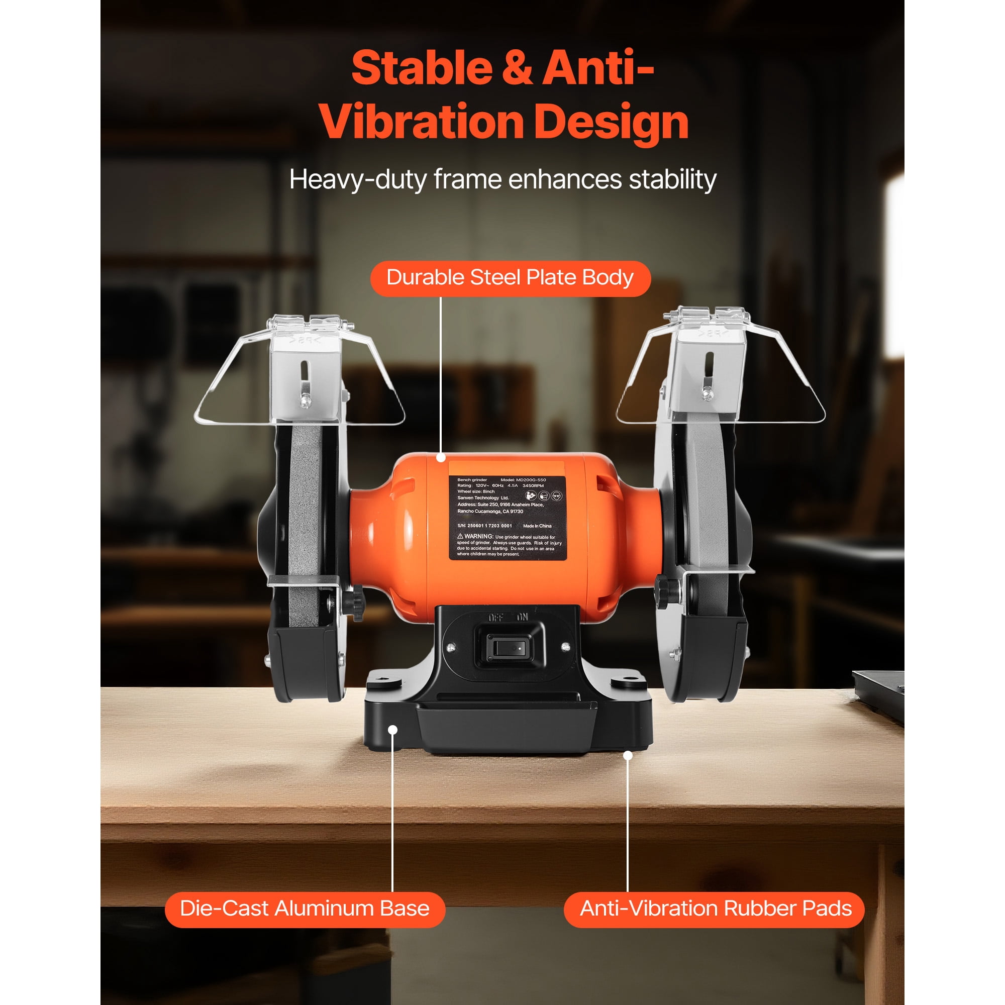 KFFKFF 8-Inch Bench Grinder with 3450RPM Speed, 350W Induction Motor, Dual 36/60-Grit Wheels, and Adjustable Eye Shield for Efficient Sharpening and Grinding