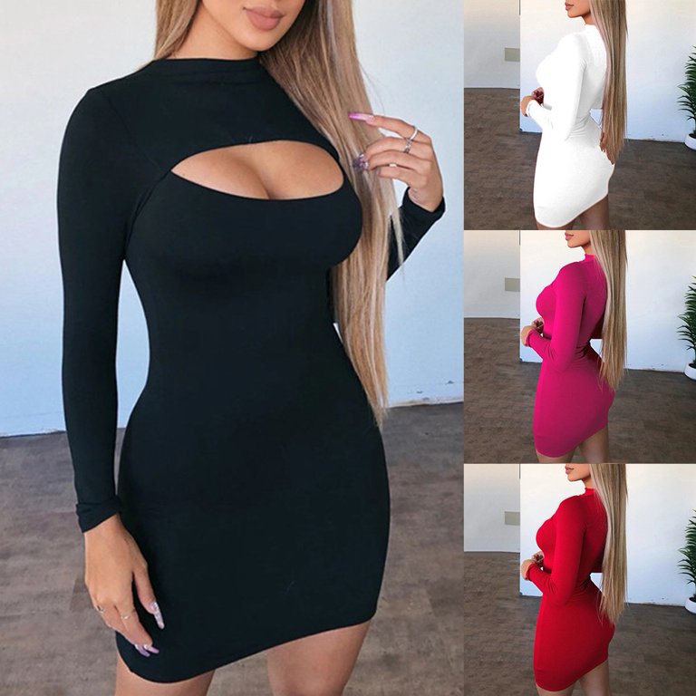 ALSLIAO Womens Sexy Long Sleeve Bodycon Short Dress Ladies Party Slim  Dresses Clubwear Black M 