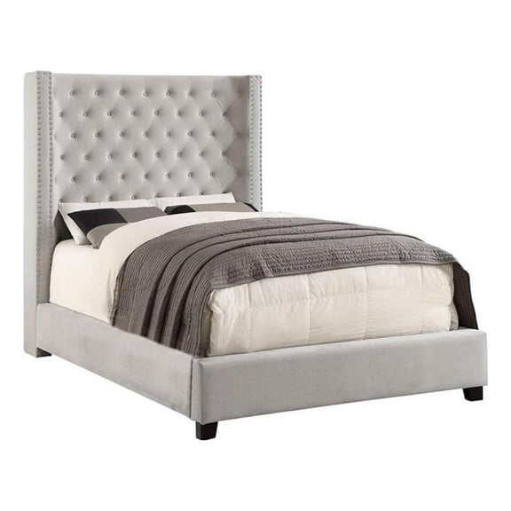 Rozy Queen Bed w Wingback Tall Headboard-Nailhead Trim-Ivory Upholstery