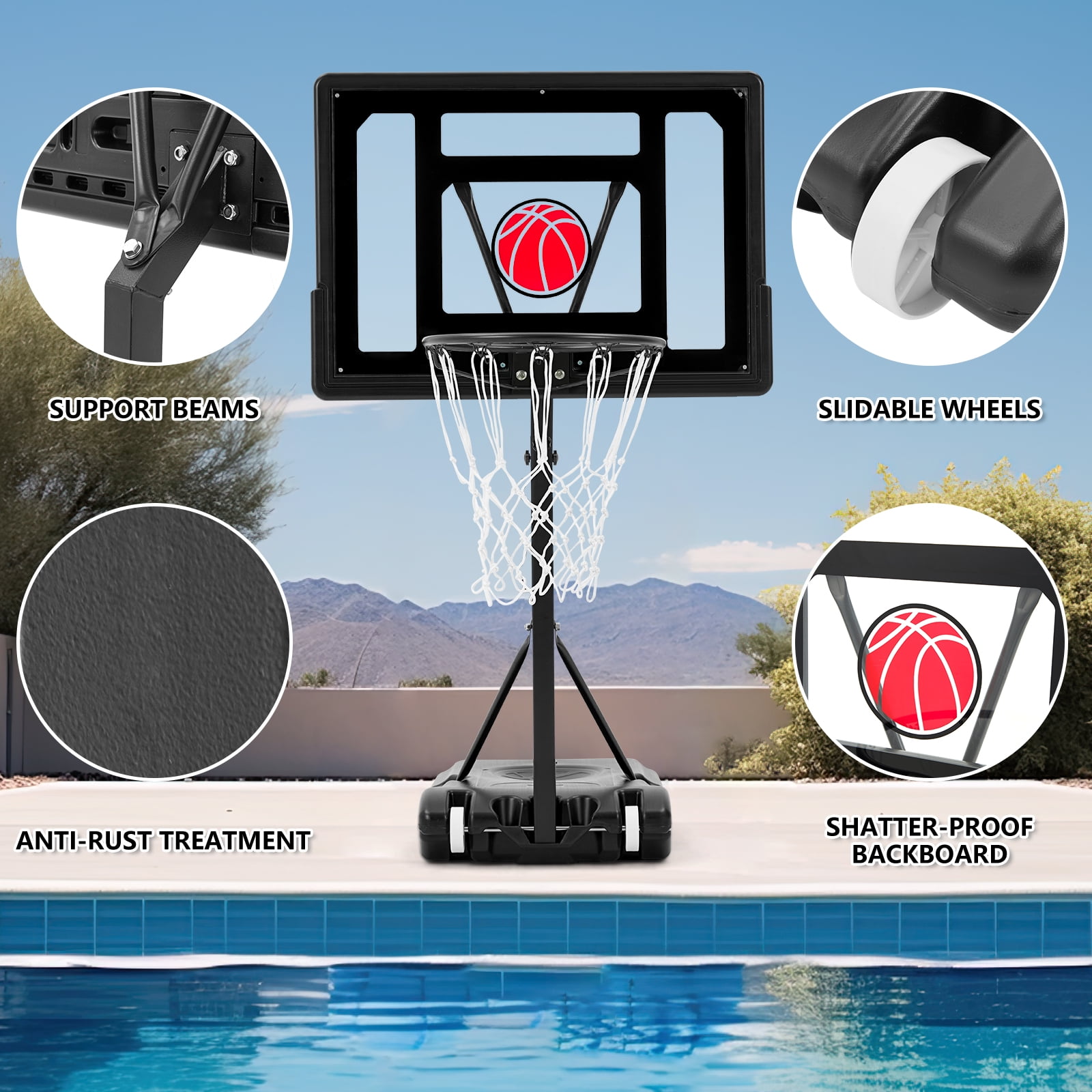 Danrelax 3.1-4.1FT Adjustable Pool Basketball Hoop, 32"x23" Backboard, Portable, Black