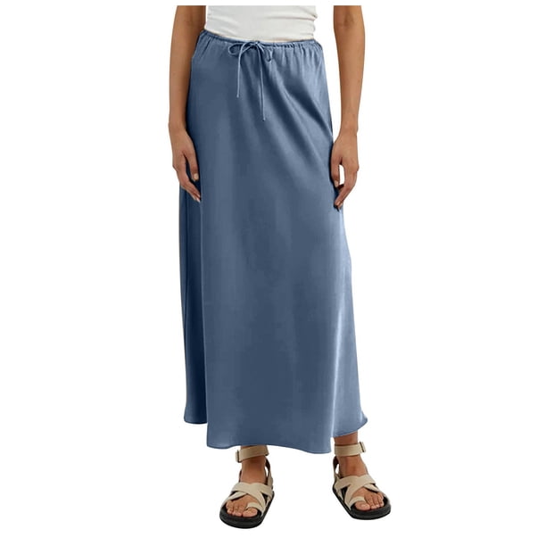 Vestido largo de satén de color liso con cintura alta y cordón para mujer - Elegante y fluido, ideal para fiestas y ocasiones formales - Tejido de poliéster - Tallas S-XL