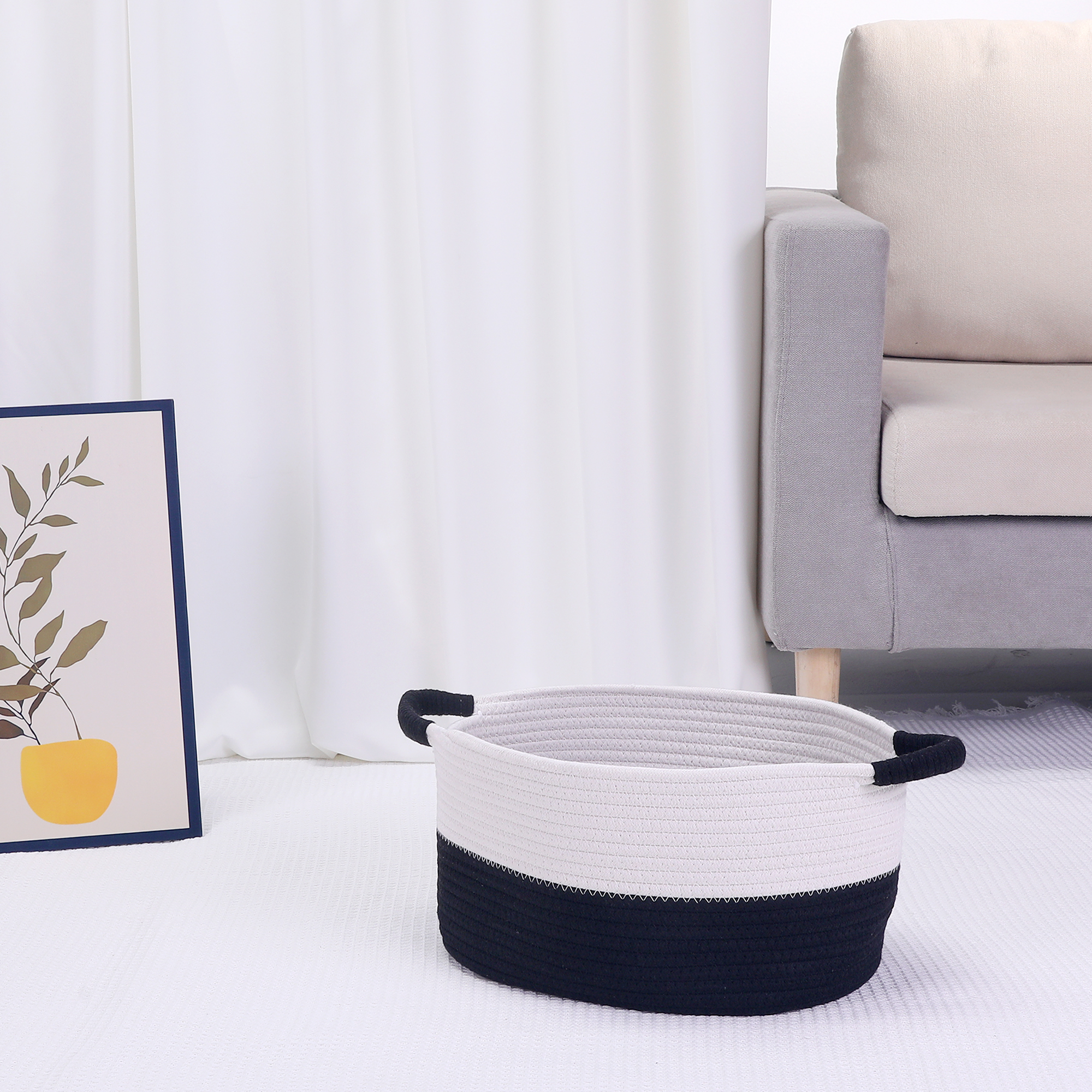 Unique Bargains Woven Storage Basket Bin with Handles White/Black 13*9.5*7in