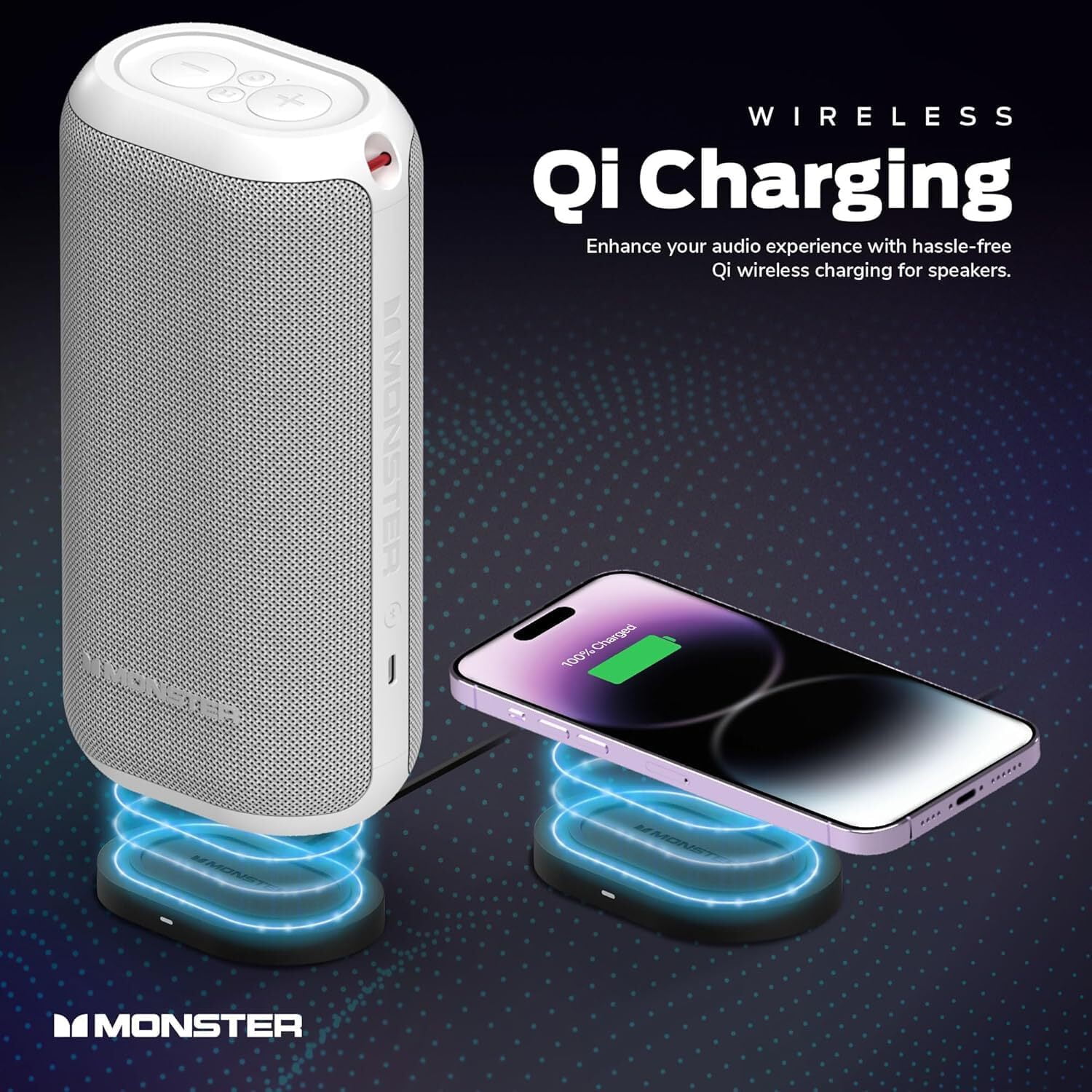 Monster DNA Max Portable Bluetooth Speaker, 360° Bass Sound, 10W Qi Charging Pad, IP67 Waterproof, Indoor & Outdoor