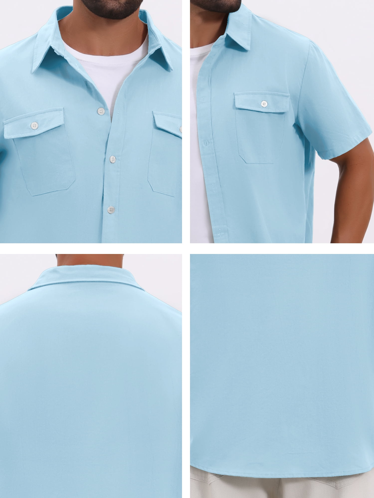 DARING DIVA Men's Linen Chest Pockets Short Sleeves Button Down  Shirt L Sky Blue