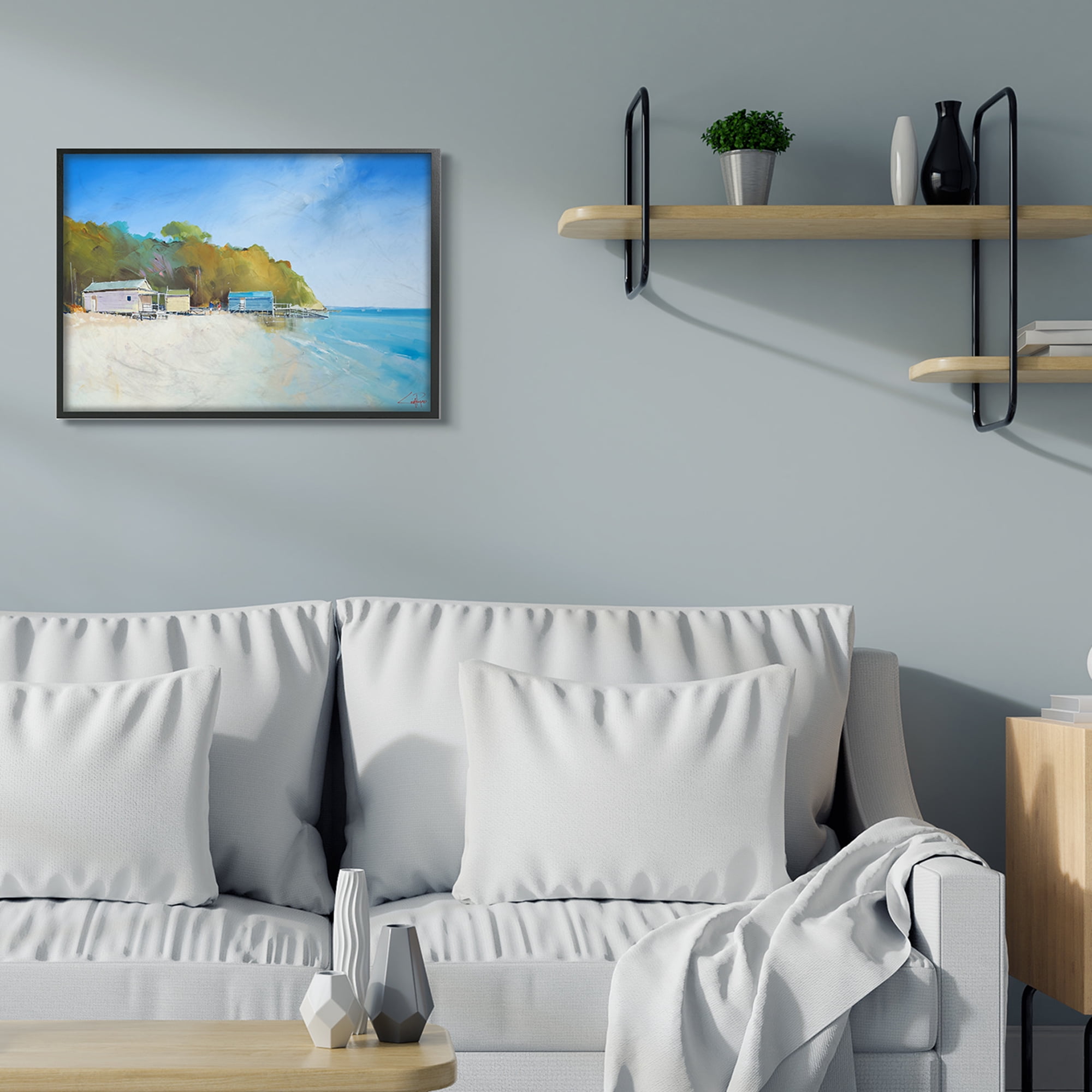 Stupell Industries Boat Shacks on Sandy Coast Beach Line Black Framed, 24 x 30, Design by Craig Trewin Penny