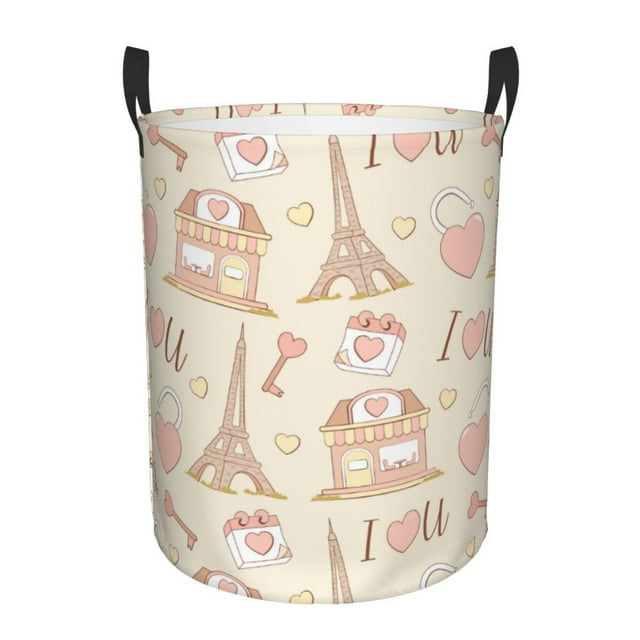DouZhe Waterproof Collapsible Large Laundry Baskets, Paris Eiffel Tower Love Prints Circular Hamper with Handles