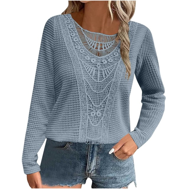 hotojiny Hauts de Printemps pour Femmes Légers et Stylés Blouse à Manches Longues en Patchwork de Dentelle Col Rond Chandail Ajouré