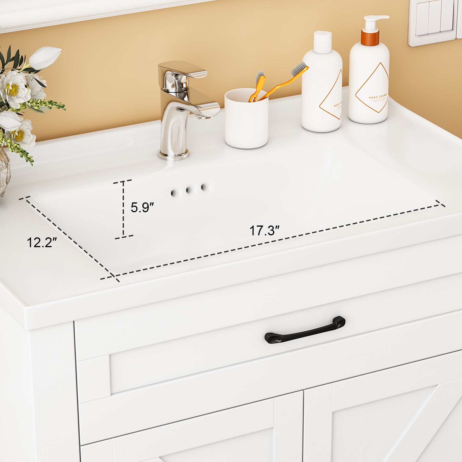 Yamissi 24" Freestanding Bathroom Vanity with Ceramic Sink, Storage Cabinet with 2 Soft Closing Doors, Modern White