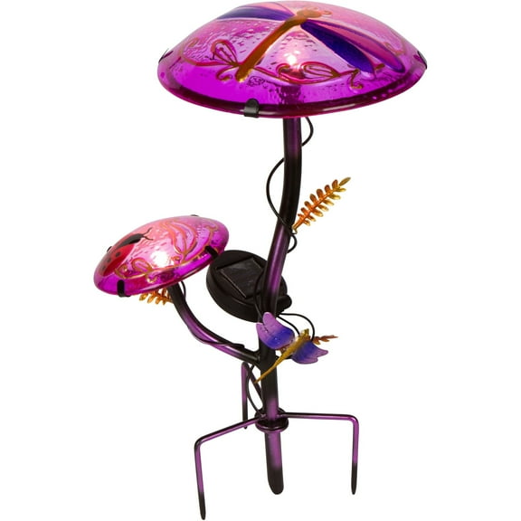 12 in Solar Mushroom Garden Stake with Dragonfly Design (Pink)