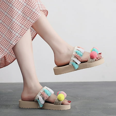 

Cathalem Women s Fashionable Color Ball Tassel Flip Sandals Flat Sandals for Women Dressy B 7