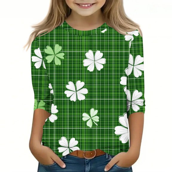 BaoFuBaoMei 3/4 Sleeve Fall Tops for Kids Girls St Patricks Day Green Shirt Slim Crew Neck Outfits for Irish Festival Themed Party