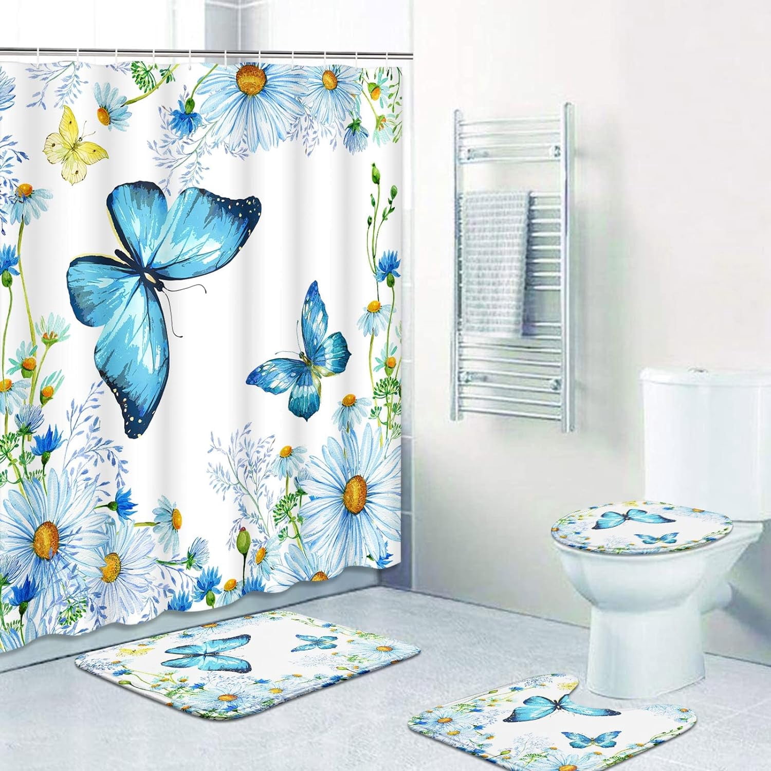 4PCS Mushroom Bathroom Shower Curtain Set with Rugs, Toilet Lid Cover and Bath Mat, Moon and Stars with 12 Hooks, Durable Bathroom Decor Set 701.9x70.9in
