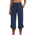 thumbnail image 3 of Floleo Women's solid cropped pants with elastic drawstring waist side pockets and side slits for summer casual daily wear relaxed fit capri trousers, 3 of 7