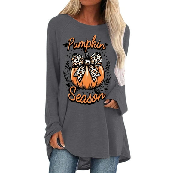 Womens Long Sleeve Shirts Tops Halloween Graphic Print Casual Loose Fit Crewneck Winter Fall Clothes for Women Tees Blouses Grey L