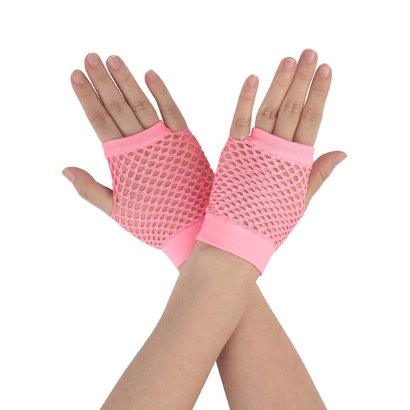 INSPIRE CHIC Women's Fingerless Mesh 1980s Fancy Dress Party Costume Accessories Fishnet Gloves Short-1Pair Pink